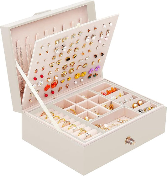 QBestry Girls Jewelry Box Earring Holder Organizer for Girls Jewelry Organizer Box Stud Earrings Organizer for Girl Womens Beige Jewelry Box for Earrings and Necklaces Rings Stud Earring Box for Teen
