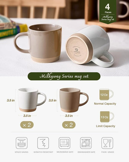 famiware Coffee Mugs for 4, 12 oz Mug Set, Dringking Cup with Handle for Coffee, Tea, Cocoa, Milk, Milkyway serise, White+Cinnamon Brown