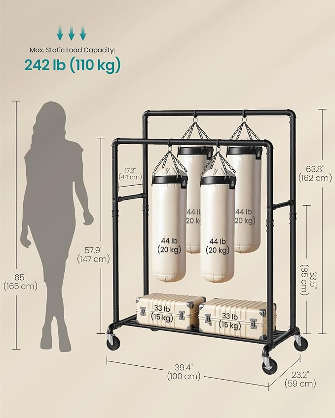SONGMICS Heavy-Duty Clothes Rack, Double-Rod Clothing Rack for Hanging Clothes, Industrial Garment Rack on Wheels, Metal Frame, 2 Casters with Brakes, Commercial Display, Black UHSR60B