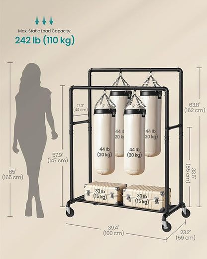 SONGMICS Heavy-Duty Clothes Rack, Double-Rod Clothing Rack for Hanging Clothes, Industrial Garment Rack on Wheels, Metal Frame, 2 Casters with Brakes, Commercial Display, Black UHSR60B
