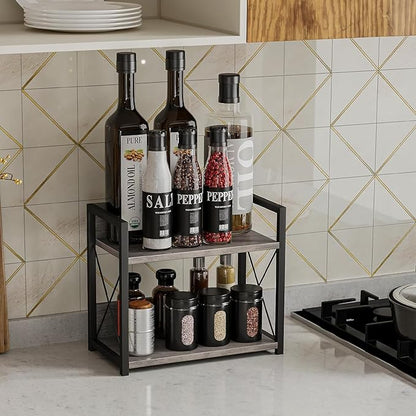 Giikin Countertop Shelf Organizer, 2 Tier Kitchen Spice Rack for Countertop, Wood Coffee Counter Shelf for Home, Particle Board and Metal, Grey, Small