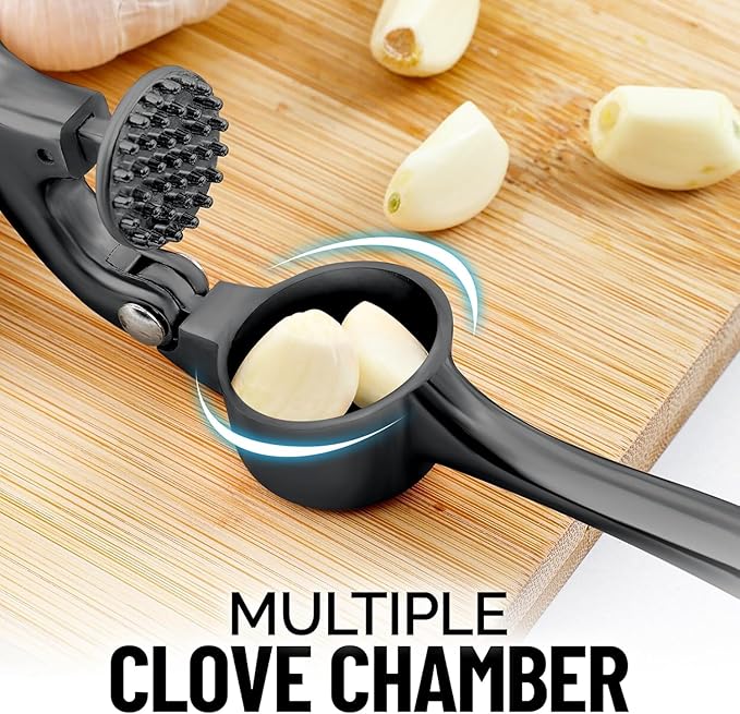 Zulay Kitchen Premium Garlic Press Set - Rust Proof Professional Garlic Mincer Tool - Easy-Squeeze, Easy-Clean with Soft, Ergonomic Handle - Silicone Garlic Peeler & Brush-Dark Gray