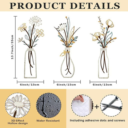 Pigort 3 Pieces Metal Flowers Wall Art- Rustic Farmhouse Decor Minimalist Decor for Living Room Bathroom Bedroom Dining Room, Housewarming Gifts Christmas Decoration(Beige, Vase-C)