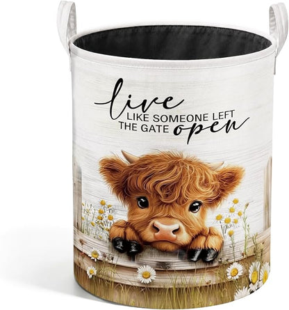 Rustic Daisy Highland Cow Laundry Basket, Highland Cow Lover Gifts Laundry Hamper Waterproof Collapsible Clothes Toys Storage Bin Organizer for Girls Nursery Room Bathroom Home