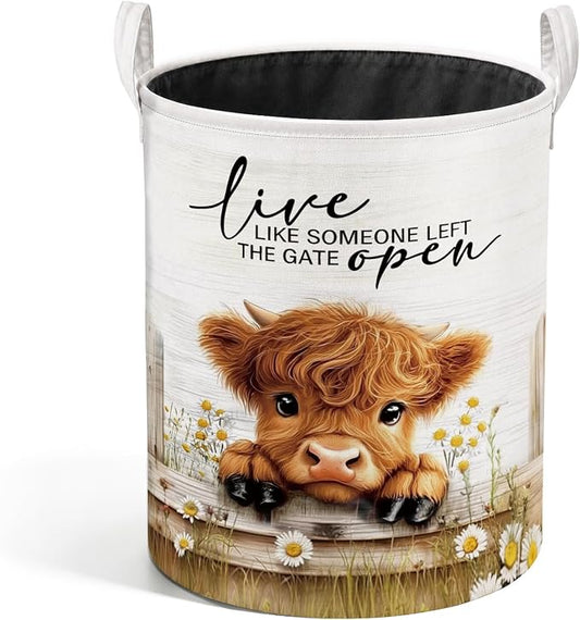 Rustic Daisy Highland Cow Laundry Basket, Highland Cow Lover Gifts Laundry Hamper Waterproof Collapsible Clothes Toys Storage Bin Organizer for Girls Nursery Room Bathroom Home