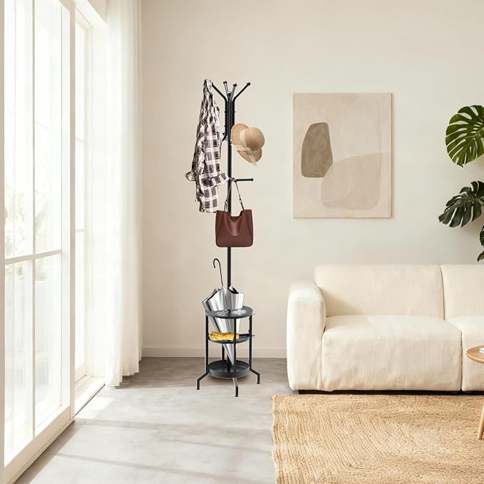 Coat Rack with Umbrella Holder, Coat Rack Freestanding, Metal Coat Tree with 12 Hooks, Modern Coat Hanger Stand for Entryway Living Room Bedroom Office