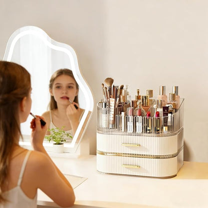 Makeup Organizer with 360 Rotating Brush Holder and Stackable Drawers, Cosmetic Display Case for Vanity, Bathroom Countertop (White, 3 Layer)