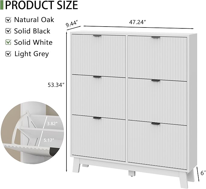Shoe Cabinet with 6 Flip Drawers, 54" Tall Narrow Fluted Shoe Storage Organizer for Entryway, Hidden Slim Wooden Shoe Rack Cabinet for Front Door Entrance, Hallway, Living Room, Solid White