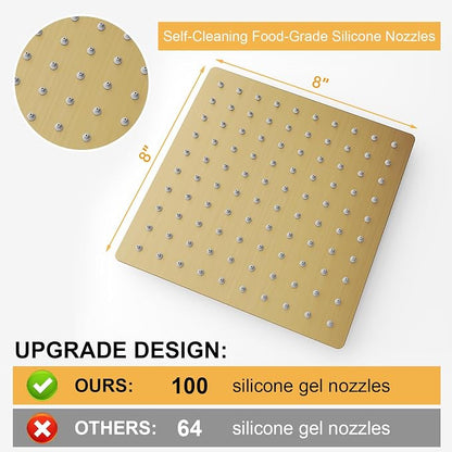 BESy 8 Inch Rain Shower Head, 8" Square Rainfall & High Pressure Stainless Steel Bath Showerhead, 1/16" Ultra Thin, Waterfall Full Body Coverage with Silicone Nozzle, Brushed Gold