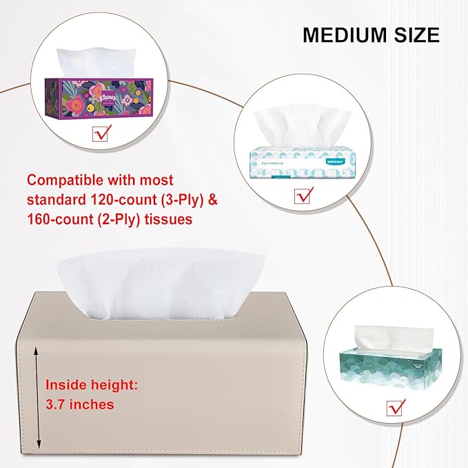 Tissue Box Cover, PU Leather Rectangular Tissue Box Holder with Magnetic Bottom Cover for Facial Tissues/Napkins, Office & Living Room Decor Box for Standard 120-count (3-Ply) 160-count (2-Ply) Beige