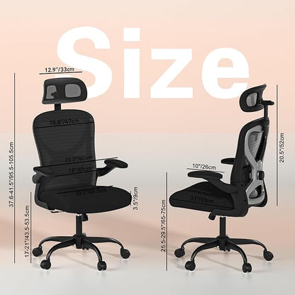 Ergonomic Office Chair, Mesh Desk Chair with Headrest, Lumbar Support, Thick Seat Cushion, Flip-up Arms, High Back Computer Task Chairs for Home Office (English, Black/Silver)