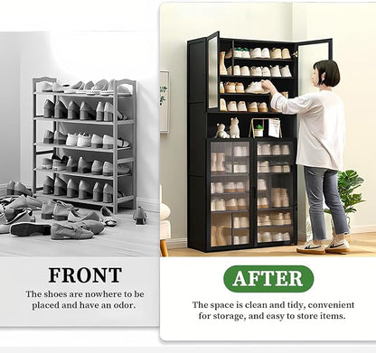 Tall Shoe Cabinet, 11 Tier Bamboo Shoe Rack with Doors, 40-45 Pairs Large Capacity Shoe Storage Cabinet Organizer, Narrow Shoe Shelf for Entryway, Hallway, Living Room