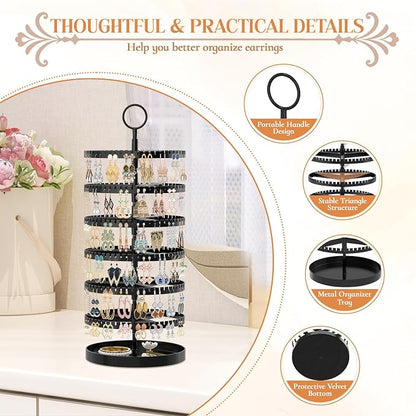 iDavosic.ly 6 Tier Rotating Earring Holder Organizer with Metal Tray, Adjustable Plastic Dangle Display Stands Tree with 342 Grooves, Large Hoop Storage Rack Tower, Black