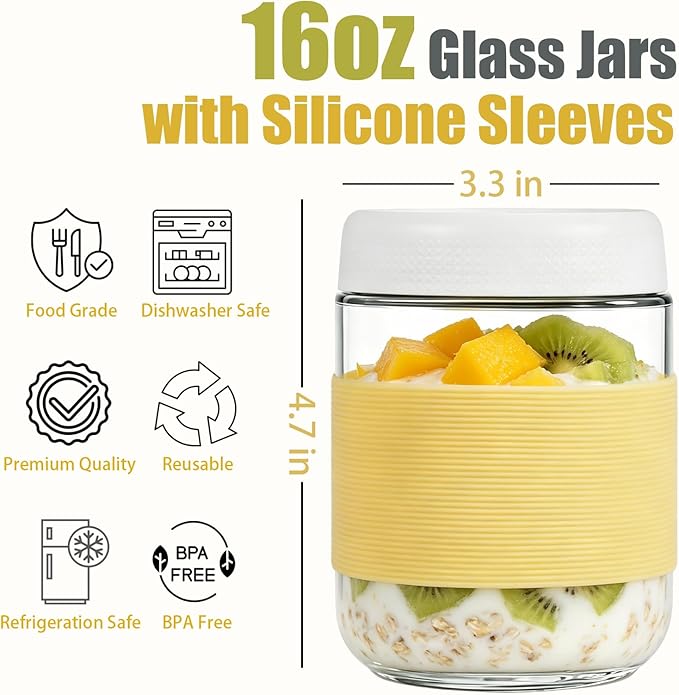 16 oz (6 Pack) Overnight Oats Containers with Airtight Lids and Silicone Sleeves, Leakproof Glass Meal Prep Containers, Wide Mouth Cookie Jars for Yogurt Chia Salad Smoothies Snacks