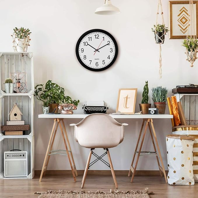 Bernhard Products Black Wall Clock Silent Non Ticking - 16 Inch Extra Large Quality Quartz Battery Operated Round Easy to Read Home/Office/Business/Kitchen/Classroom/School Clocks