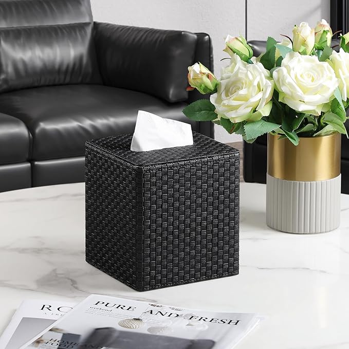 Square Tissue Box Cover, Stylish Leather Tissue Box Holder with Magnetic Bottom, Used As A Decorative Tissue Holder for Living Rooms, Bedrooms, and Desks(Black Woven Pattern)