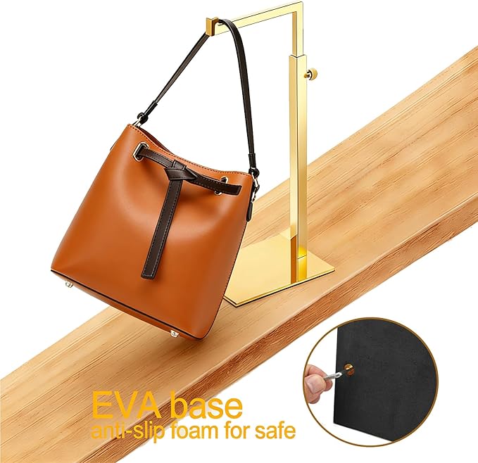 Gold Purse Display Stand, 2 Pack Handbag Display Stand Adjustable Height Stainless Steel Stability Non-slip Base,22lbs Large Bags Display Rack Luxury Purse Holder for Table Retail Closet