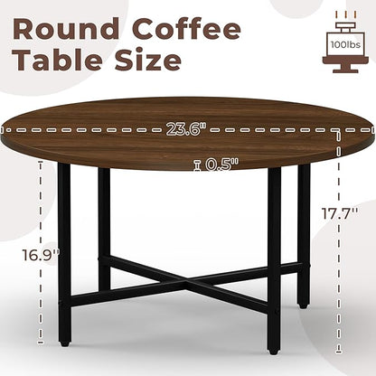 FAMIDGE Coffee Table, 23.6" Coffee Tables for Living Room, Round Coffee Table with Metal Frame, Floor Table for Sitting on The Floor, Home, Office, Dark Walnut