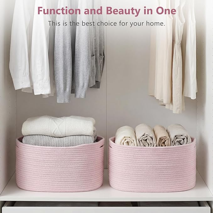 Cotton Rope Storage Basket, 15x10x9 Inches, Woven Basket for Shelves, Clothes, Towels, Books, and Laundry, Light Pink (1 Pack)