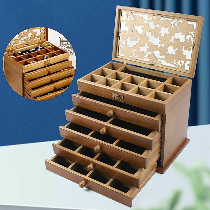 6-layer Jewelry Box Organizer, Lucky Four Leaf Clover Rustic Wooden Jewelry Boxes & Organizers,Jewelry Storage for Rings Earrings Necklaces Bracelets Christmas New Year Gift