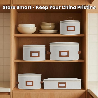 HOMELUX THEORY Plate Storage Box, 2pc 12"x8" Ivory Hard Shell China Storage Containers, Kitchen Storage Bins With Lids, Heavy Duty Moving Box with Handles for Dishes, Dinner Plate & Dinnerware