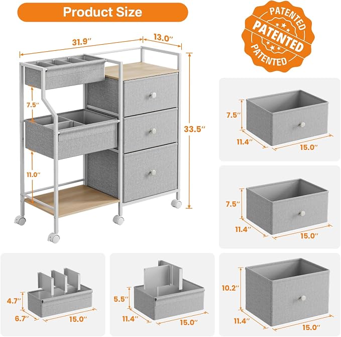 Modanais Baby Organizer and Storage - 3 Tier Rolling Cart with Dividers and Drawers, Easy To Assemble, Mobile Utility Cart with Wheels for Nursery, Bedroom, Changing Table & Crib,Light Gray