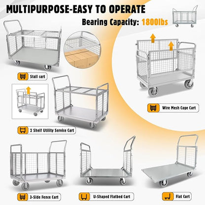 Platform Truck Cart with Cage, 6-in-1 Flatbed Utility Carts, Foldable Heavy Duty Push Cart Dolly W/Swivel Wheel, Rmovable Side, 1800lbs Capacity, 39"x24" Hand Truck for Groceries, Garage, Warehouse
