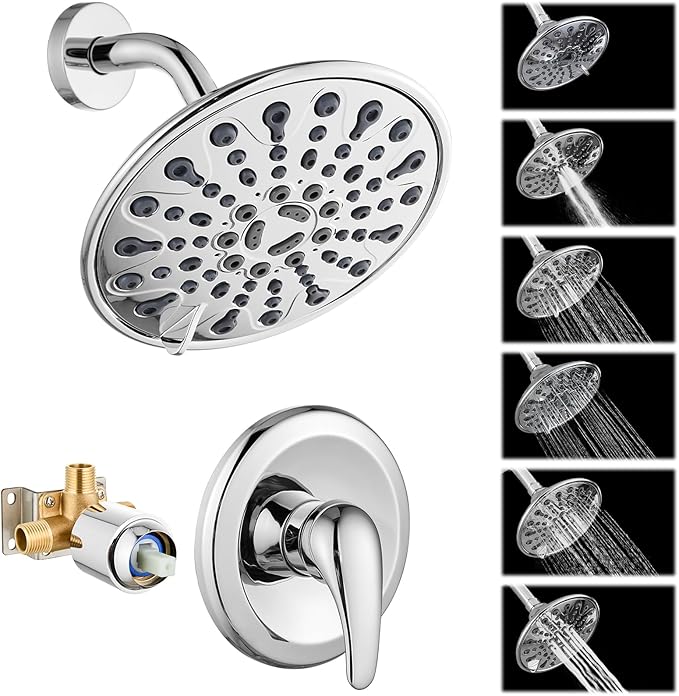 gotonovo Shower Faucet Set Bathroom Shower Head and Handle Set Complete 6 Settings 6 inch Rainfall Shower Head Kit High Pressure Shower System Combo Shower Trim Kit with Valve Polished Chrome