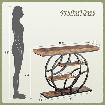 Huuger 41.3 Inch Entryway Table, Industrial Console Sofa Table with Storage, Accent Table with Shelves, for Entry, Hallway, Entrance, Foyer, O-Shaped Metal Frame, Rustic Brown