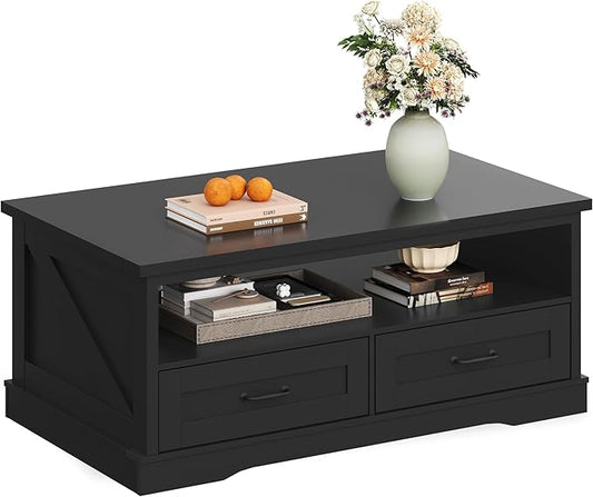 WLIVE Coffee Table for Living Room, 43" Framhouse Coffee Table with 2 Storage Drawers, Modern Center Table with Open Display Area, Elegant Curved Base, Black