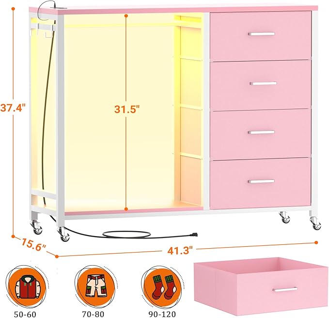 Cyclysio Dresser with Hanging Rack, 4 Fabric Drawers Dresser with Clothes Rack, Wooden Top Storage Chest of Drawers with Charging Station & LED Lights, Lockable Wheels, Closet