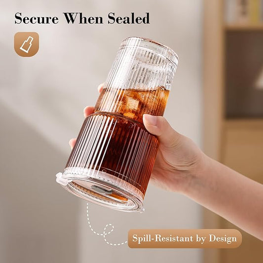 GOSCHE 20oz Glass Tumblers with Straws and Lids, Ribbed Iced Coffee Cups Leak-proof, Dishwasher Safe, Thickened Glass Cups with Lids Ideal for Coffee and Travel, Clear, 4 Pack