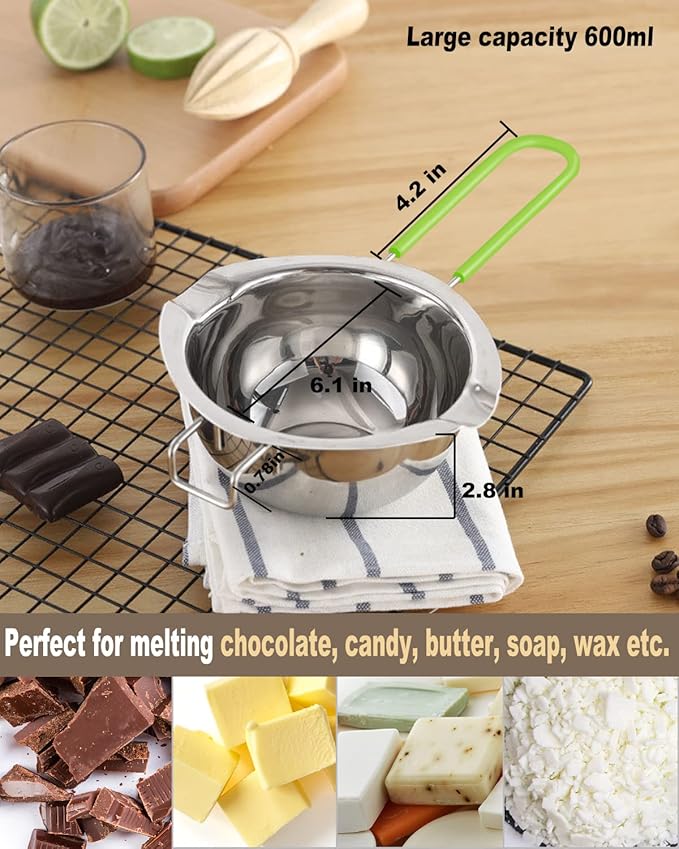 Double Boiler Pot Set, Stainless Steel Melting Pot with Silicone Spatula for Melting Chocolate, Soap, Wax, Candle Making (600ml and 1600ml,Green)