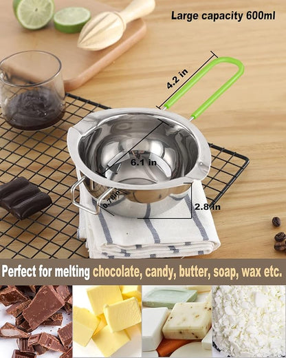 Double Boiler Pot Set, Stainless Steel Melting Pot with Silicone Spatula for Melting Chocolate, Soap, Wax, Candle Making (600ml and 1600ml,Green)
