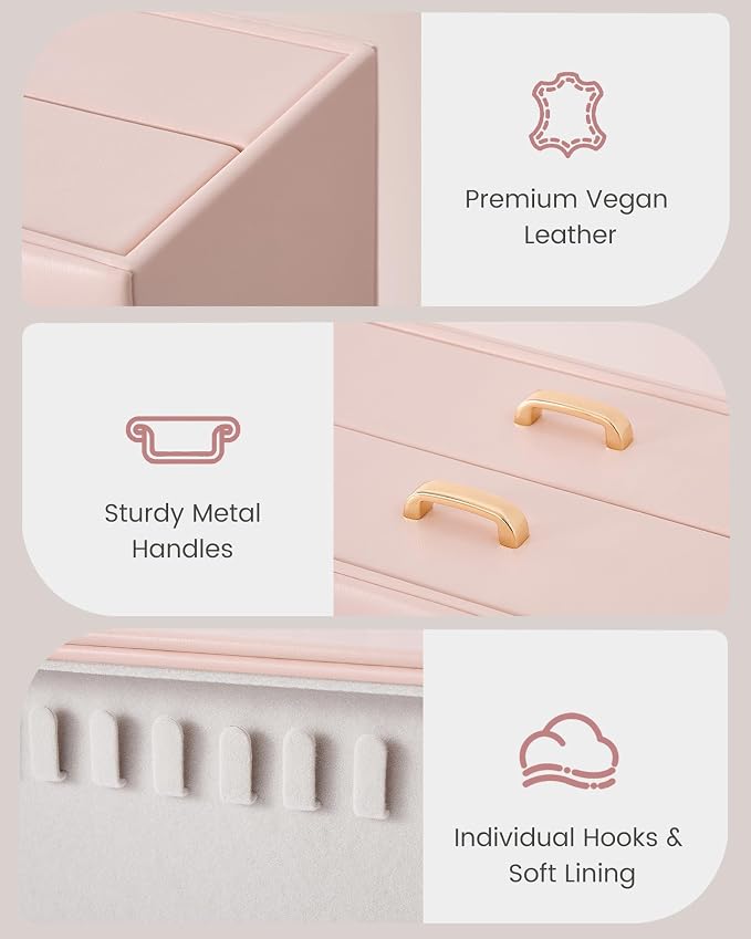 Lolalet Upgraded Double-Sided Hanging Necklace Organizer Box, Jewelry Display Case with Double-Sided Clear Window for Necklaces Bracelets, Tangle-Free Necklace Storage Box, Pink, 2-Layer 40 Hooks