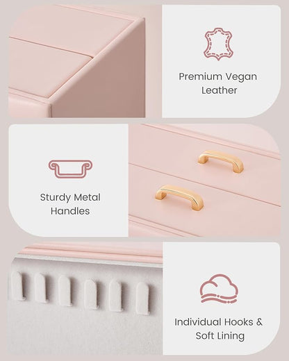 Lolalet Upgraded Double-Sided Hanging Necklace Organizer Box, Jewelry Display Case with Double-Sided Clear Window for Necklaces Bracelets, Tangle-Free Necklace Storage Box, Pink, 2-Layer 40 Hooks