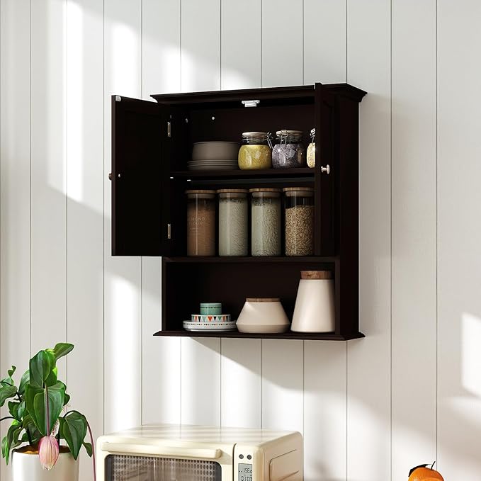 Giantex Wall Mounted Medicine Cabinets - Above Toilet Bathroom Cabinet with Adjustable Shelf, Open Shelf, Over The Toilet Space Saver Storage Cabinet for Laundry Room, Kitchen, Cupboard (Brown)