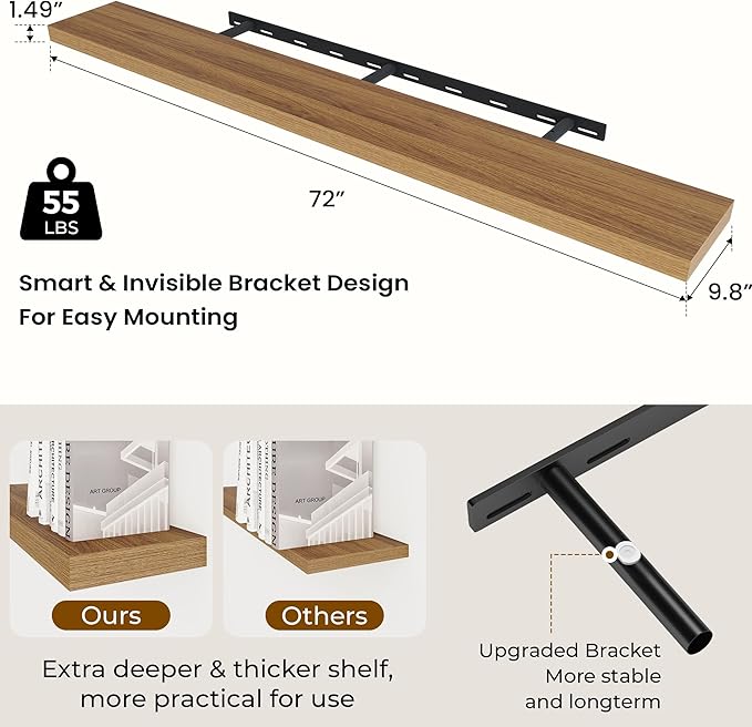 Dreamland 72 Inches Floating Shelves for Wall, 9.8" Deep Long Floating Shelves Set of 1, Large Display & Storage Shelf, Wall Shelf for Bathroom Bedroom Living Room Kitchen Office, Walnut