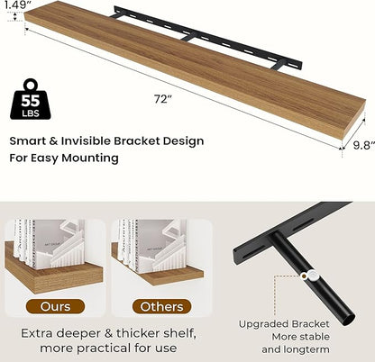 Dreamland 72 Inches Floating Shelves for Wall, 9.8" Deep Long Floating Shelves Set of 1, Large Display & Storage Shelf, Wall Shelf for Bathroom Bedroom Living Room Kitchen Office, Walnut