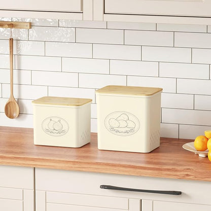Lifewit Onion and Potato Storage Bin with Aerating Holes and Lid, Stackable Garlic Keeper, Plastic Vegetable Container Box for Kitchen, Beige, Set of 2
