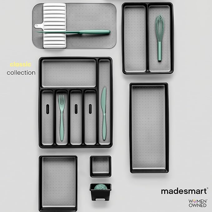 madesmart Classic 3-Compartment Plastic Utensil Tray for Drawers, Multipurpose Storage Tray Drawer Organizer, Carbon Large