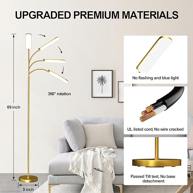 Gold Floor Lamp, 18W 1800LM Bright LED Floor Lamps for Living Room Bedroom, Dimmable Timing Eye Caring Reading Standing Lamp with Remote & Works with Smart Plug