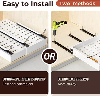 2 Pack Pull Out Drawers for Cabinets, Slide Out Drawer Expandable Width (10"-15") and Depth (11"-17") With 3 Slides, Fixed with Adhesive Film & Nail for Cabinets in Kitchen, Pantry or Bathroom - White