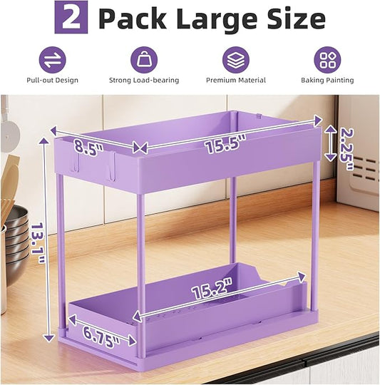 Simple Trending Under Sink Organizer 2 Pack, Sink Pull-Out Sliding Storage Cabinet, 2-Tier Under Shelf Organizer for Kitchen Bathroom, Purple