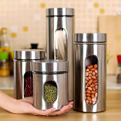 Quality 4pc Stainless Steel Canister Set for Kitchen Counter with Glass Window & Airtight Lids, Food Storage Containers, Pantry Storage & Organization Set for Coffee, Flour, Pasta, Rice, Spices, Herbs