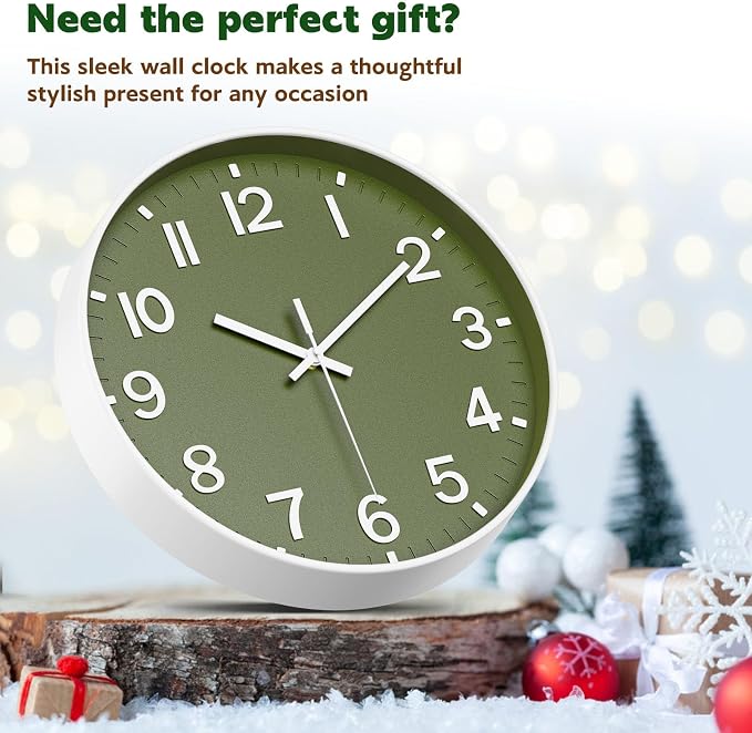 Wall Clock, Battery Operated, Modern Minimalist Design for Living Room, Office, Kitchen, Bedroom, and Bathroom – Quiet, Stylish, and Perfect for Any Room (Olive Green, 14 Inch)