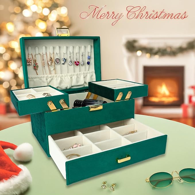 Dajasan Jewelry Box for Women, 3 Layers Large Velvet Jewelry Organizer, Jewelry Storage Organizer, Jewelry Case for Earring, Ring, Necklace, Bracelets (Green)