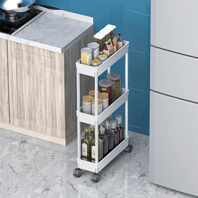 Sooyee 3 Tier Rolling Cart with Wheels, Slim Storage Cart, Under Desk Narrow Rolling Utility Cart Storage Organizer for Office Bathroom Kitchen Laundry Room Narrow Places, White, Plastic and Metal