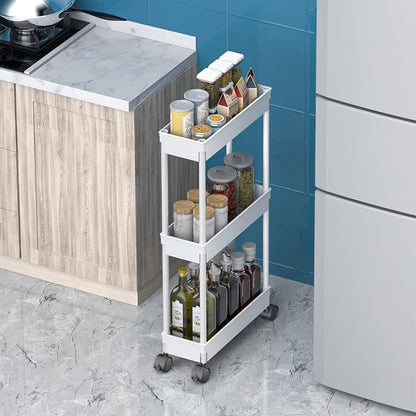 Sooyee 3 Tier Rolling Cart with Wheels, Slim Storage Cart, Under Desk Narrow Rolling Utility Cart Storage Organizer for Office Bathroom Kitchen Laundry Room Narrow Places, White, Plastic and Metal