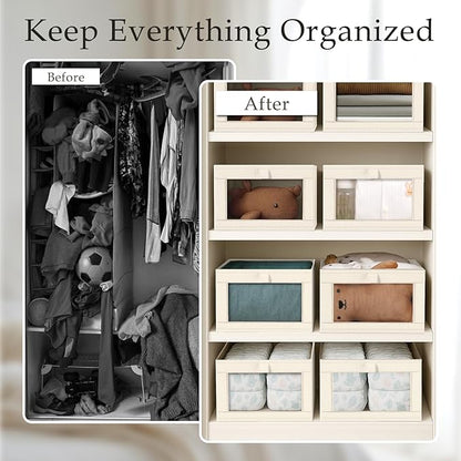 Criusia Beige Linen Closet Organizers and Storage, 8 Pack Foldable Mesh Window Large Linen Closet Baskets